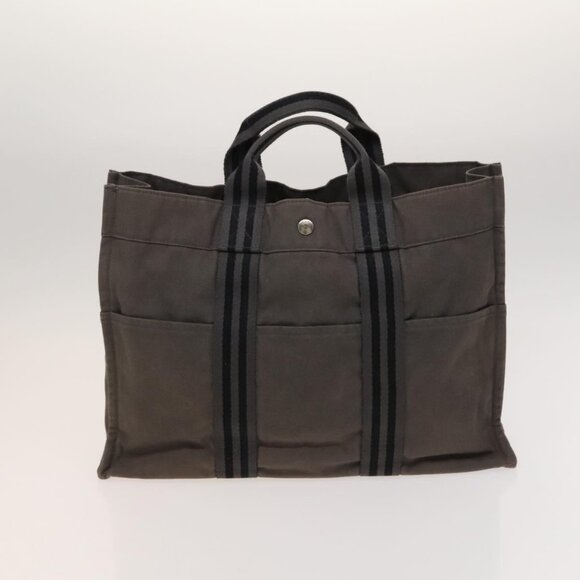 HERMES Fourre Tout MM Hand Bag Canvas 2Set Gray Navy Auth ti3040 - Picture 3 of 16